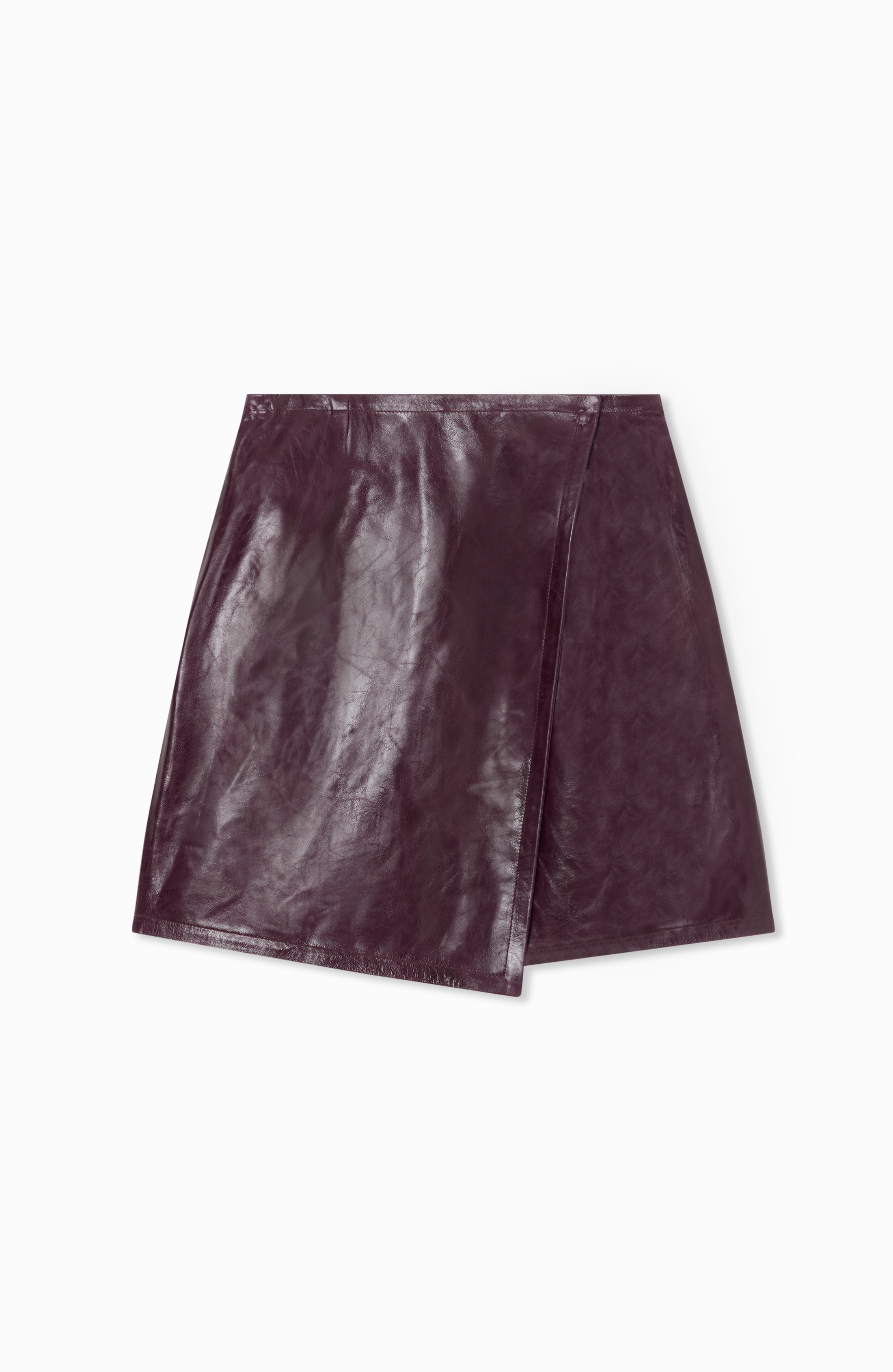 Jupe en cuir violette avec fermeture asymétrique, vue de face.