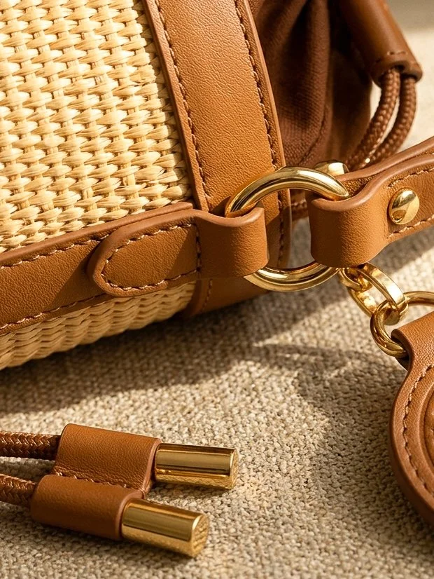 Un sac en rotin avec des détails en cuir marron clair et des accents en or