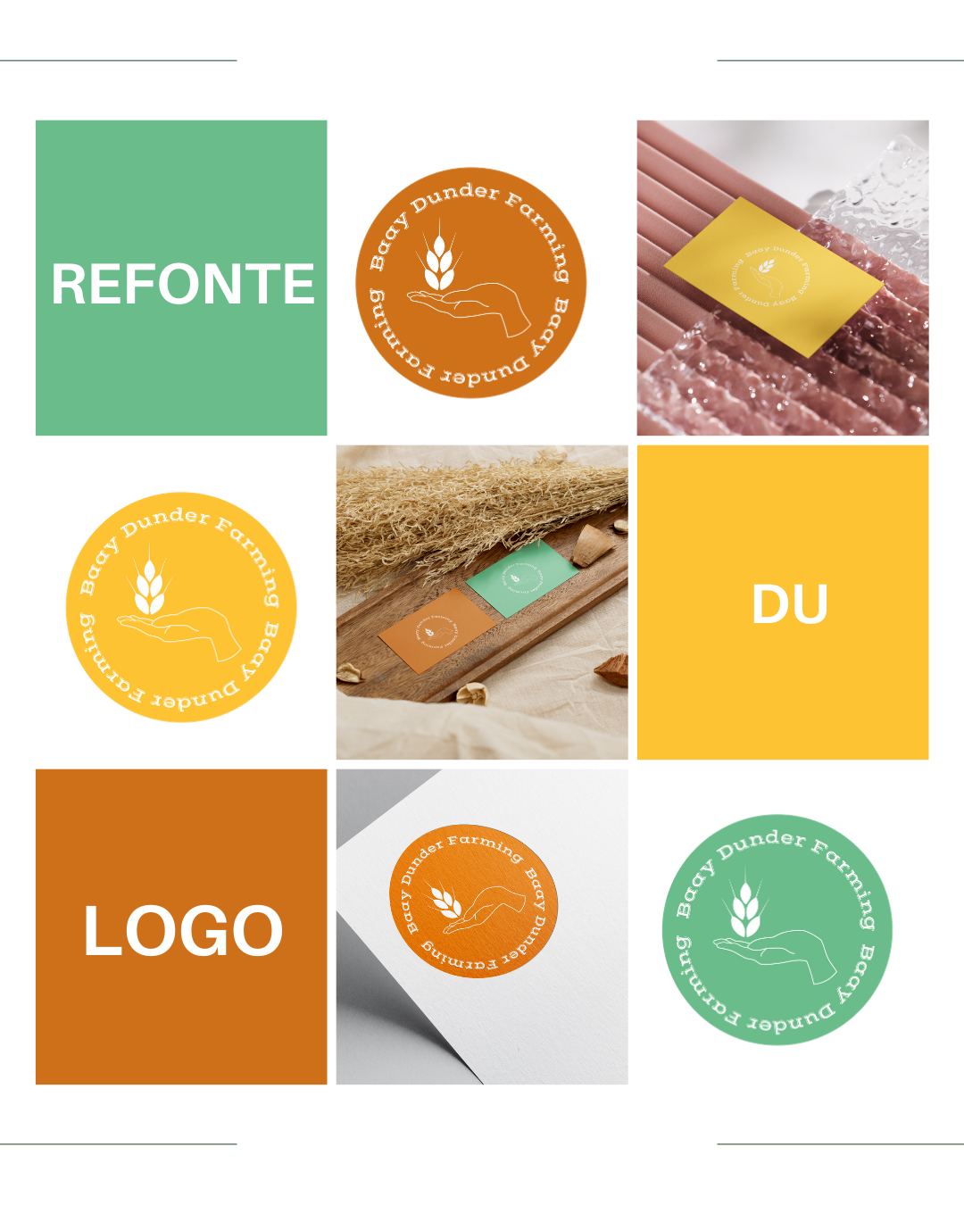 Design de poster pour une marque appelée 'Bacy Dunder Farming'. Il comprend des logos ronds orange, vert et jaune, des images de produits alimentaires, des couleurs vives comme le vert, orange, jaune et brun, et du texte indiquant 'REBONDIR DU'.