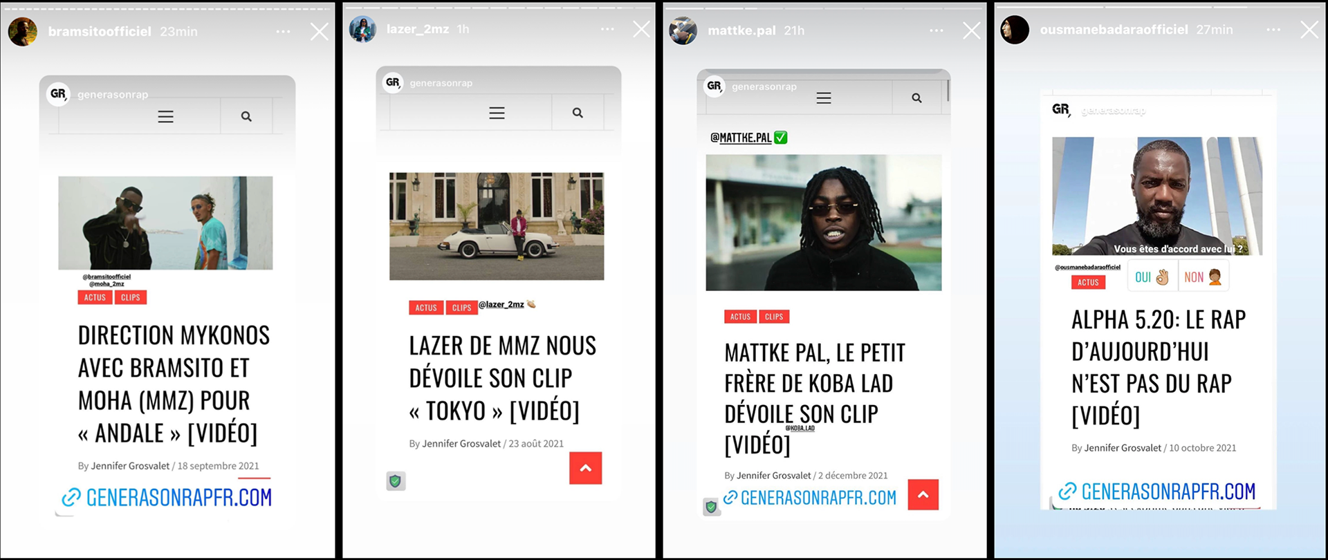Quatre captures d'écran de réseaux sociaux présentant des articles avec des vidéos sur des sujets liés à la musique et à la culture urbaine, avec textes en français et images de personnes et de voitures.