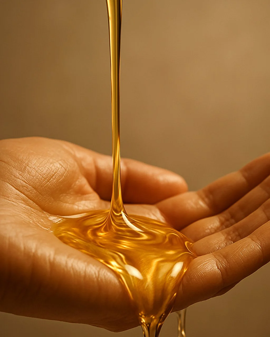 Une main tenant un liquide doré fluide qui coule en une fine colonne.