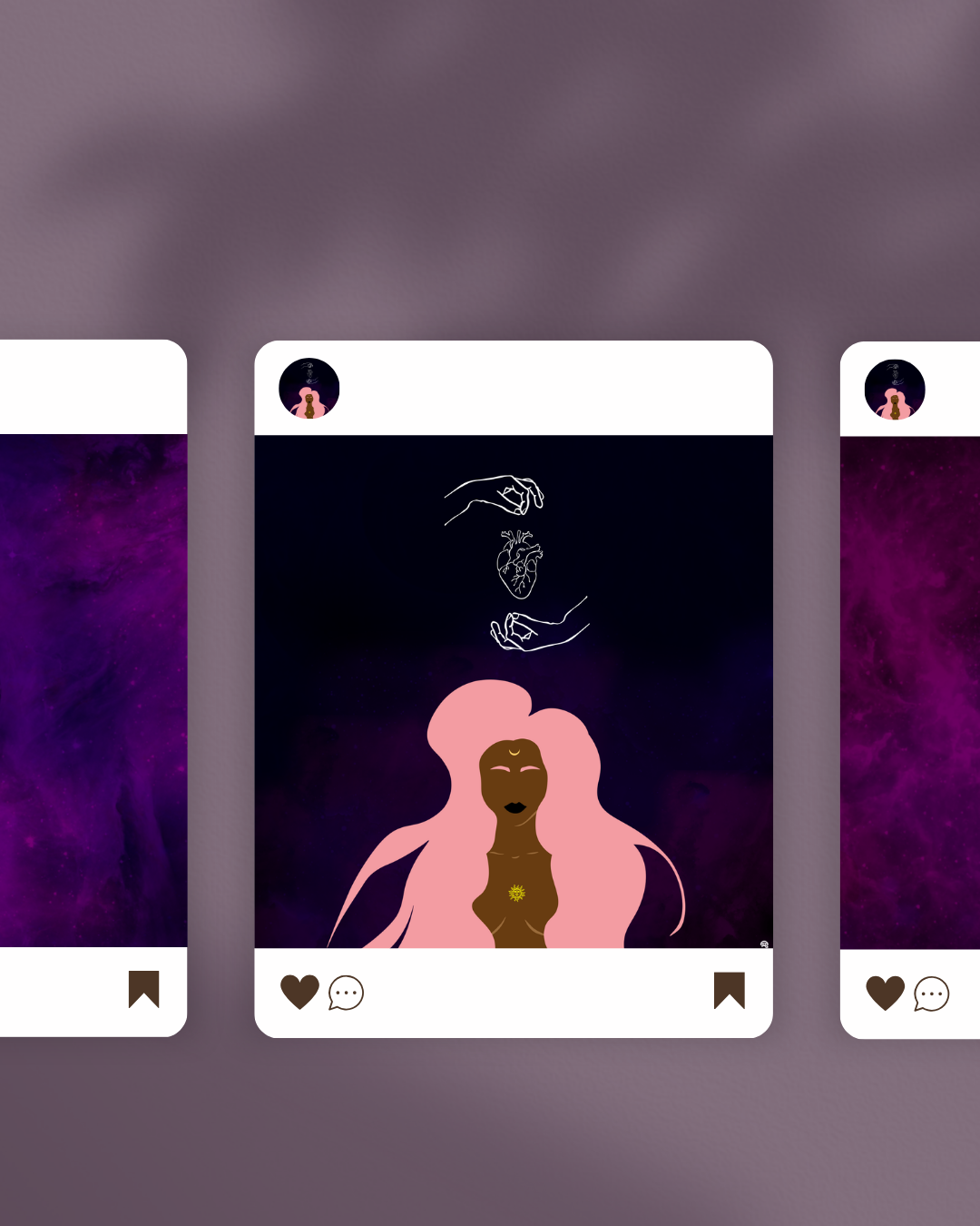 Illustration d'une femme avec des cheveux roses, silhouette noire, symbole de soleil sur le torse, et des dessins d'une main, un cœur et un cerveau floating au-dessus de sa tête, dans un fond violet cosmique.