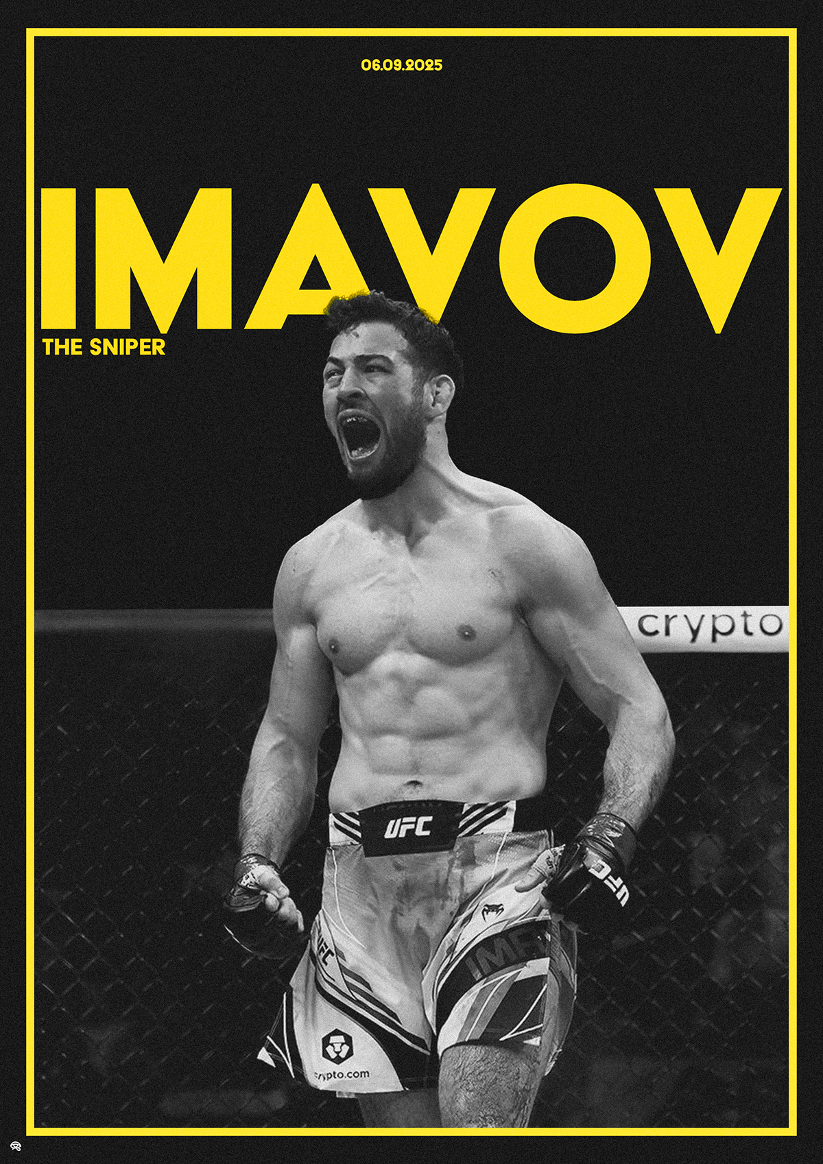 Un combattant de MMA dans un octogone, criant avec enthousiasme, portant des shorts de combat avec le logo UFC, entouré d'un cadre noir et jaune, avec des textes en haut et à gauche, date 06.09.2025, et le nom 'IMAYOV' en gros caractères jaunes.