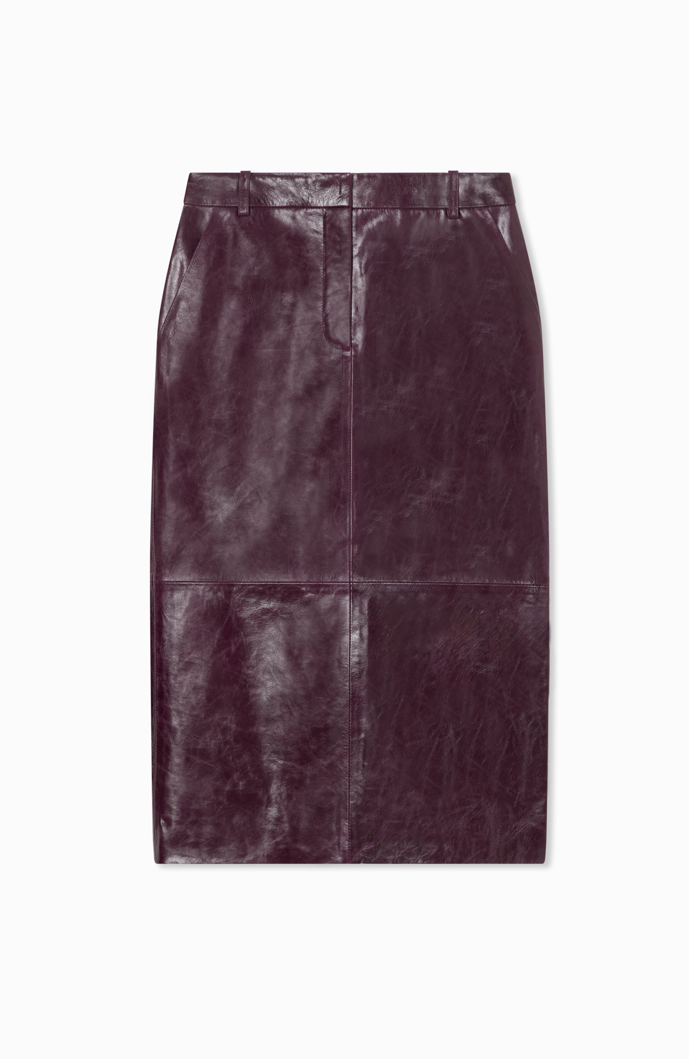 Jupe en cuir violet foncé avec fermeture à glissière rectangulaire