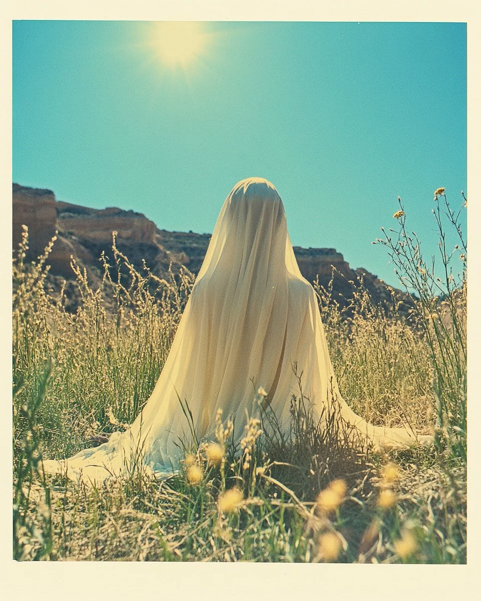 Une femme en robe blanche se tenant dans un champ avec des herbes et des fleurs, sous un ciel bleu ensoleillé, avec des montagnes en arrière-plan.