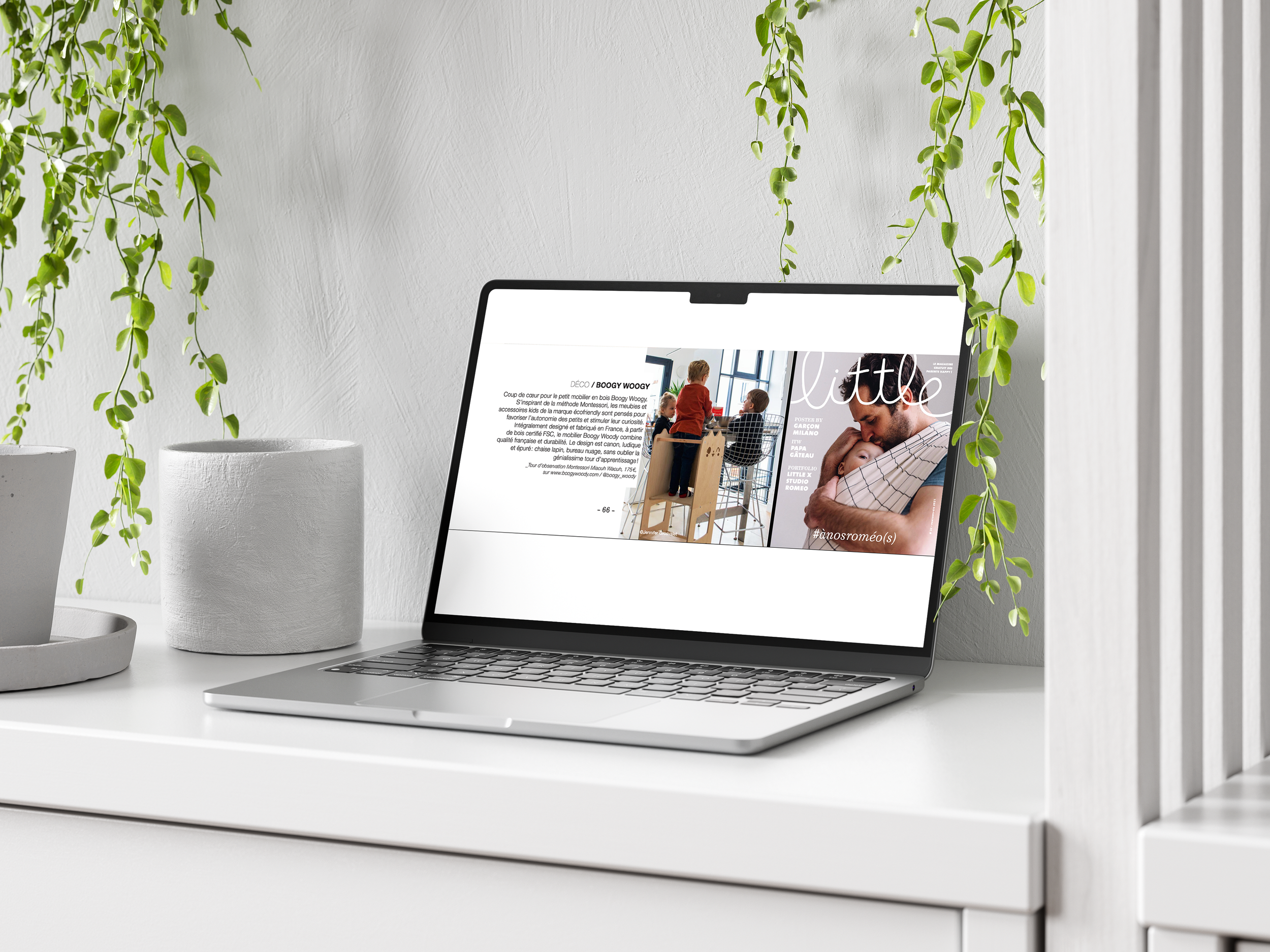 Un ordinateur portable sur un bureau blanc avec des plantes suspendues en arrière-plan.