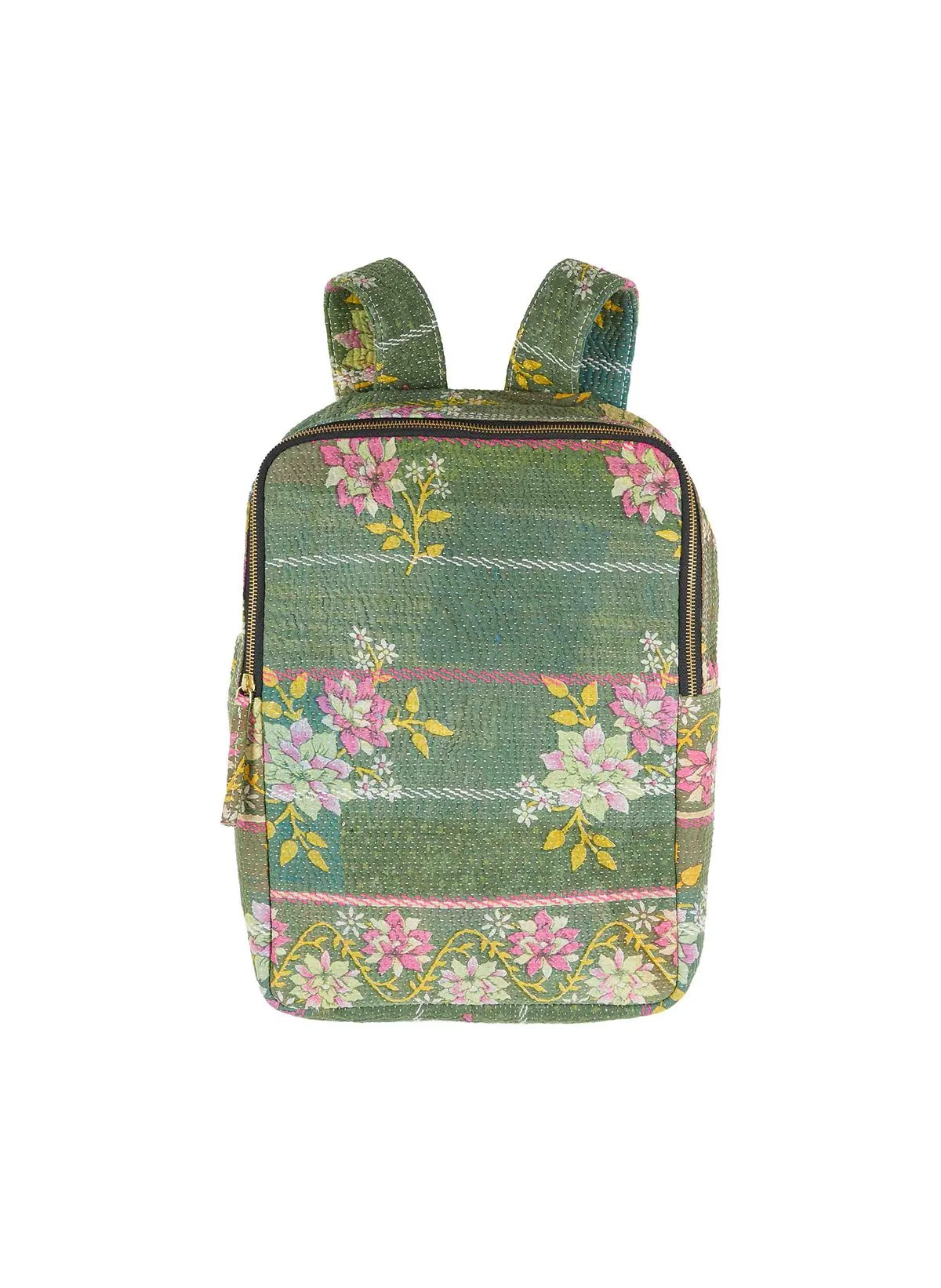 Sac à dos vert avec motif floral rose et jaune.