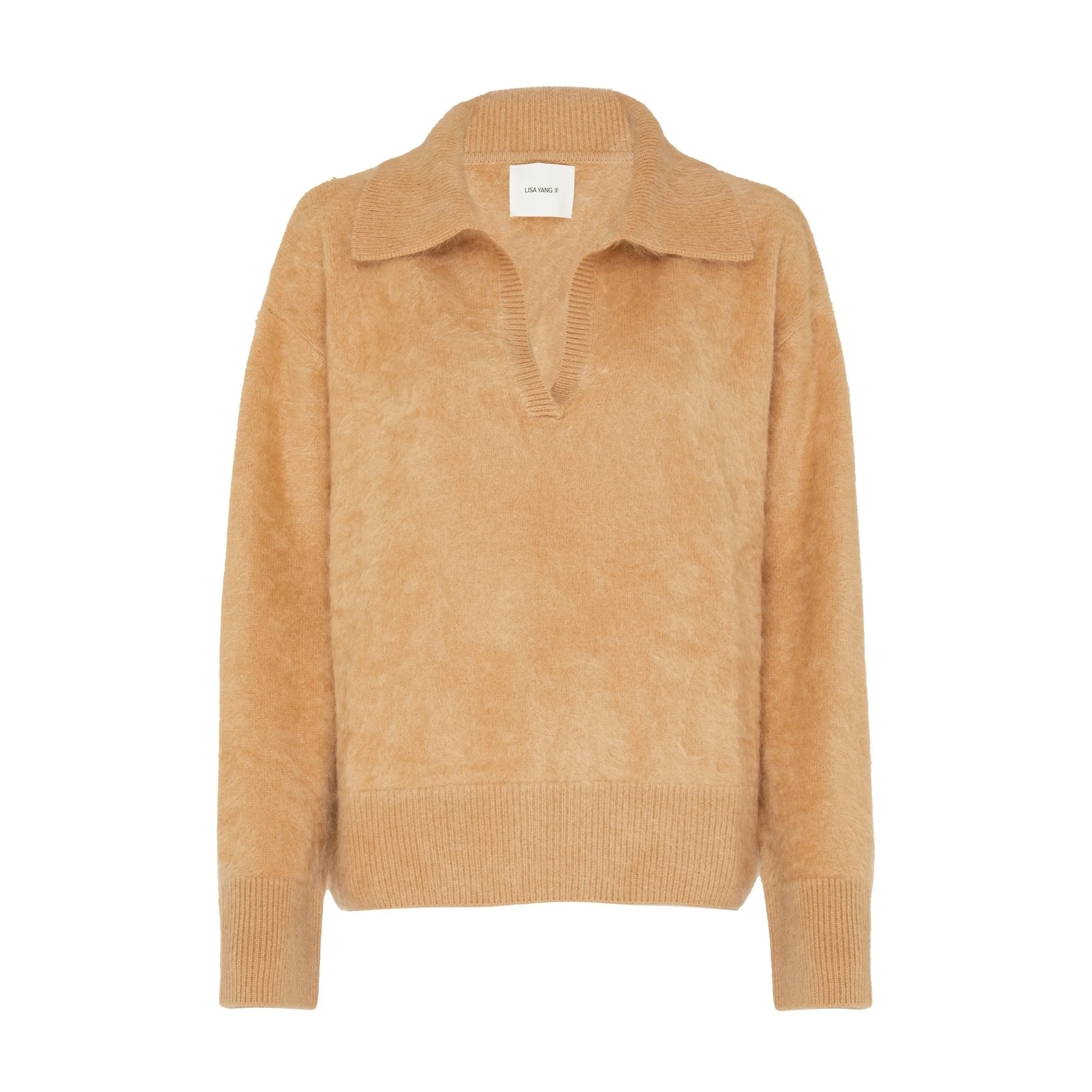 Pull en laine beige avec col et décolleté en V