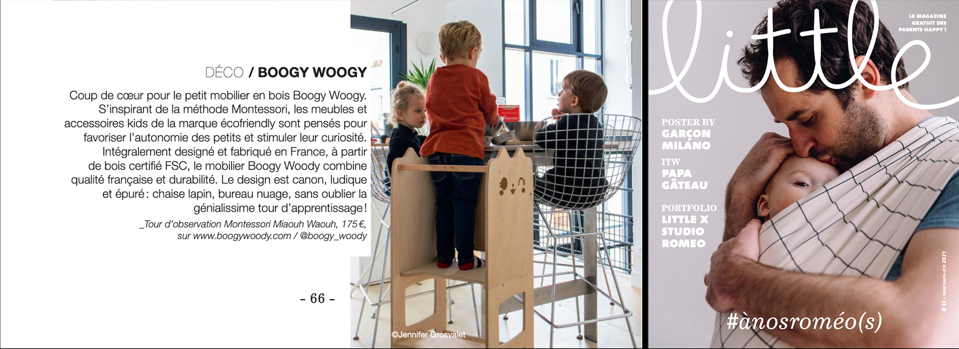 Une image divisée en deux parties. La partie gauche montre trois enfants dans une pièce lumineuse jouant autour d'une table, avec un meuble en bois en forme de chat. La partie droite affiche un homme tenant un bébé, dans un contexte familial, avec le titre « little » en lettres cursives et un hashtag #anosroméo(s) en bas.