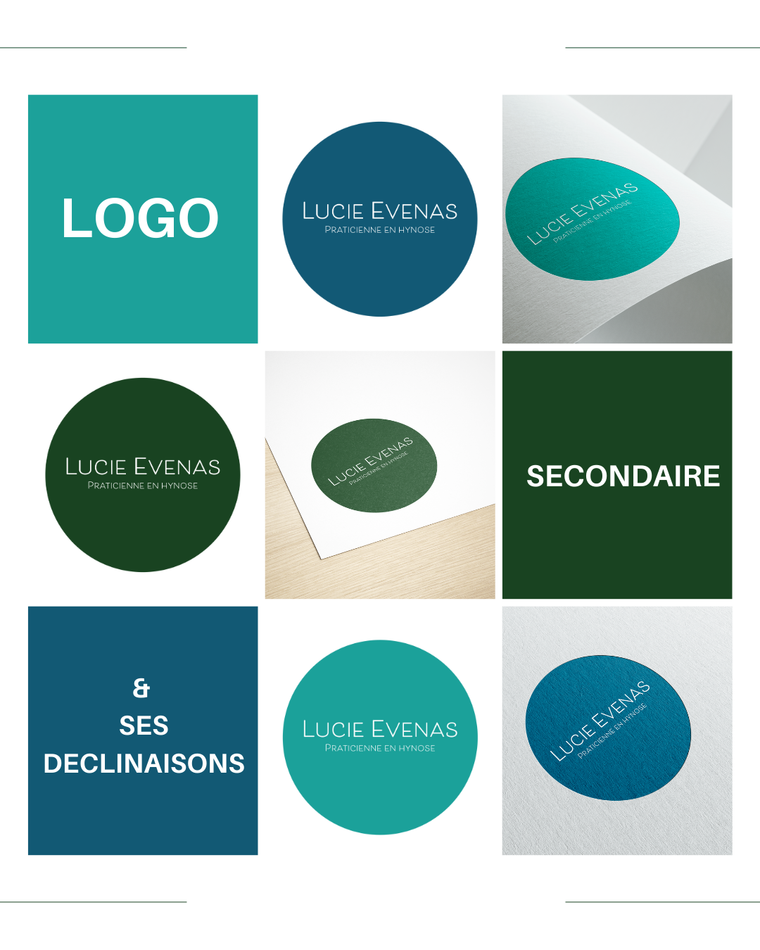 Carte professionnelle pour Lucie Evenas, praticienne en hypnose, avec différents logos et mentions telles que 'logo', 'seconde', 'ses déclinaisons', et le nom de la praticienne répété dans plusieurs styles et couleurs.