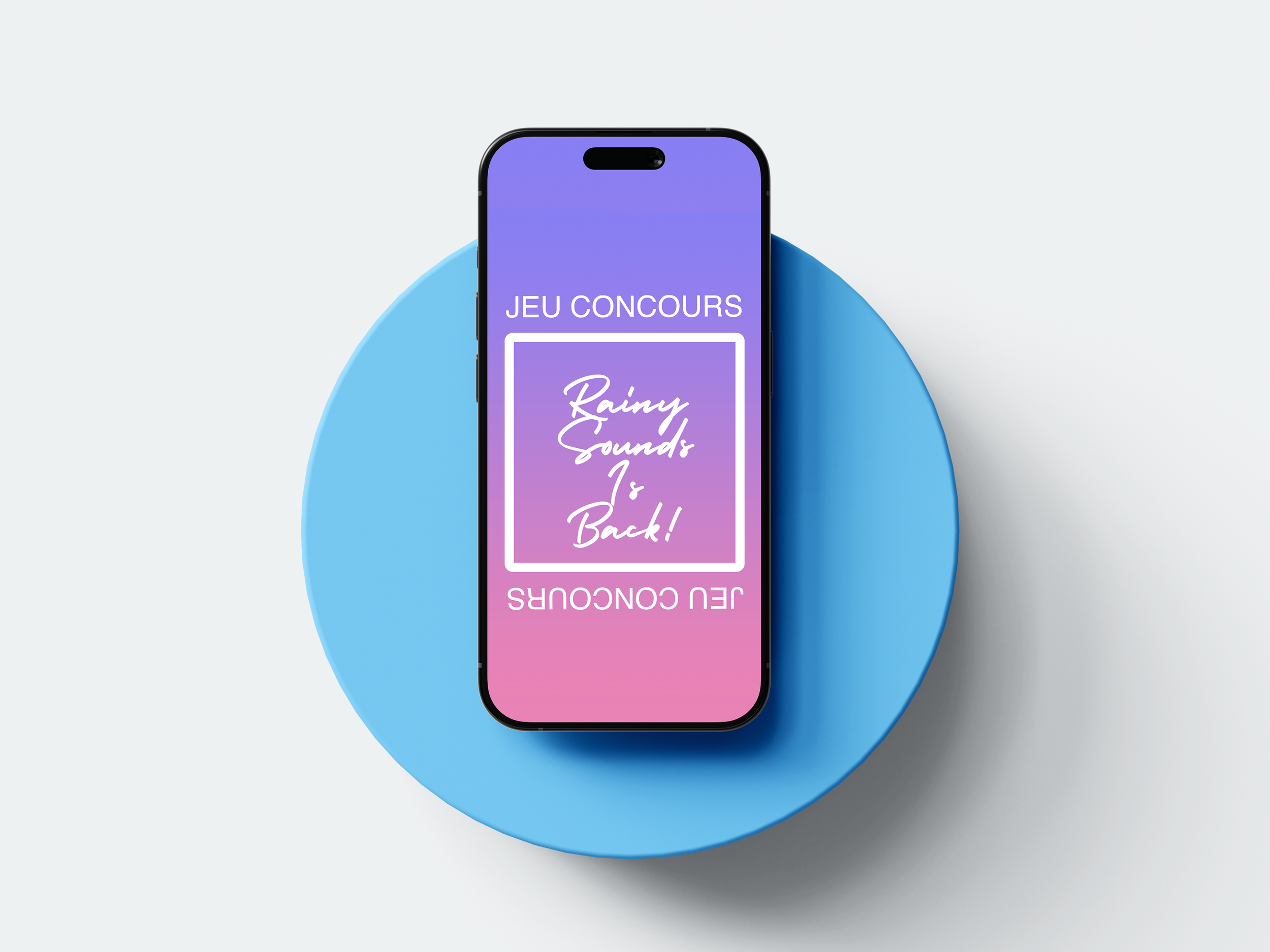 Smartphone affichant un concours nommé 'Rainy Sounds Back!' avec un fond dégradé violet et rose, posé sur un cercle bleu sur un fond blanc.