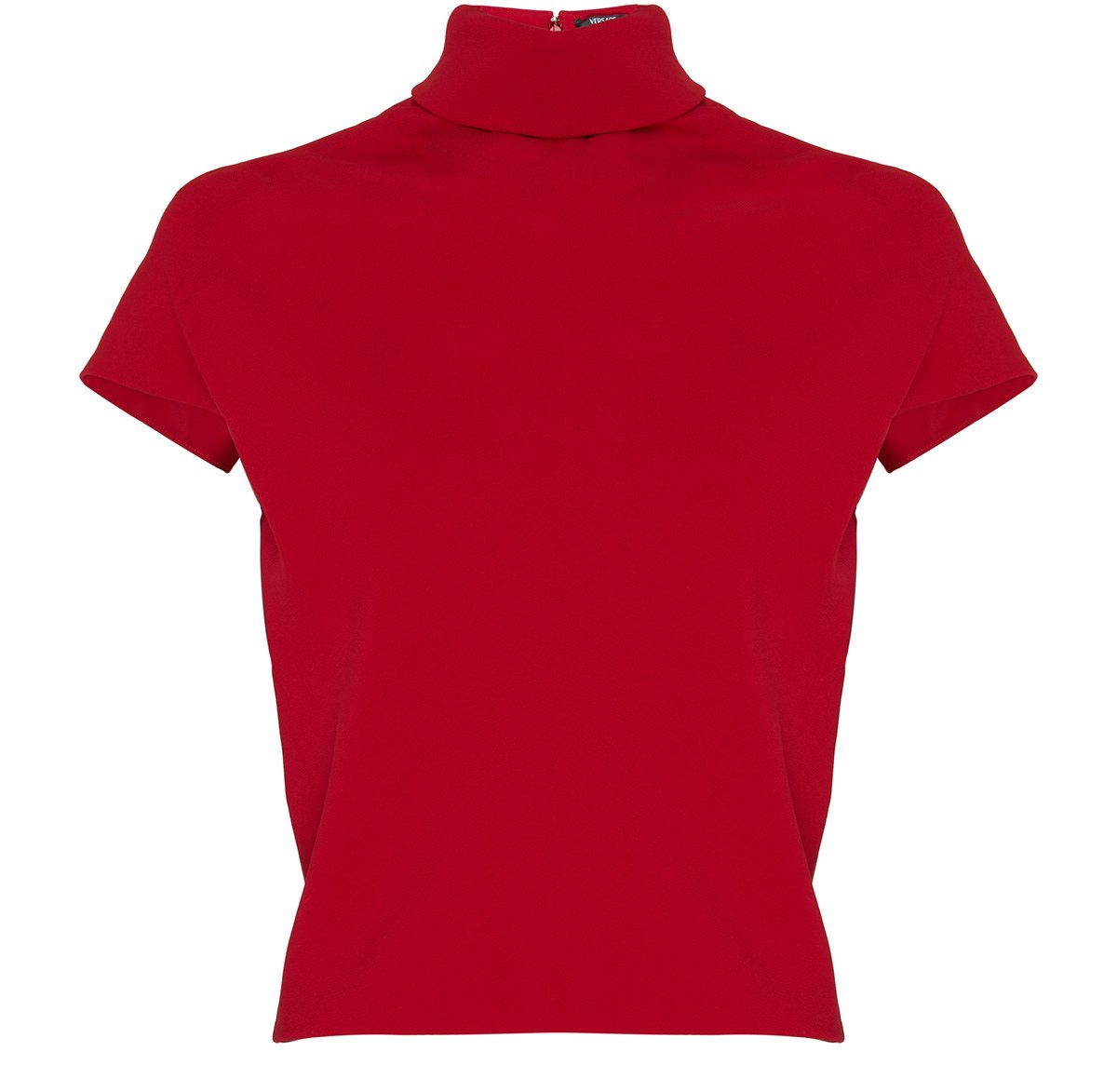 T-shirt rouge à col haut, manches courtes, en tissu uni.