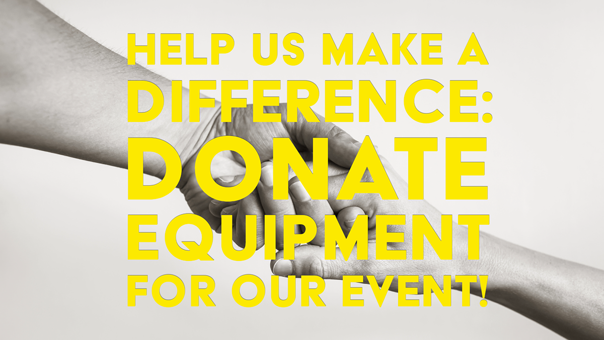 Une image en noir et blanc de deux mains qui se tiennent, avec un texte en gras jaune demandant de faire un don d'équipement pour un événement.