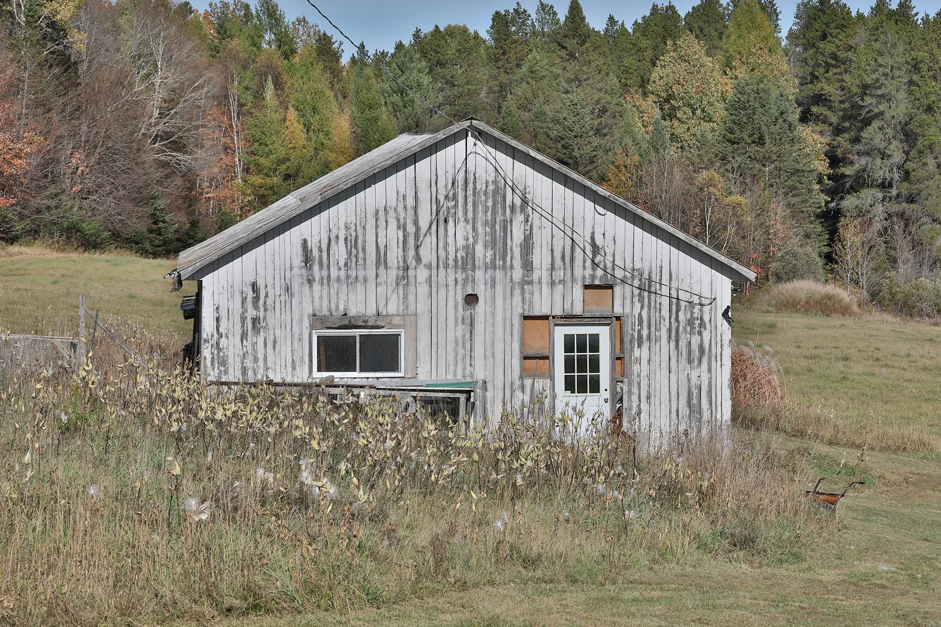 Une cabane en bois gris, ancienne et délabrée, située dans un champ entouré d'arbres en automne.