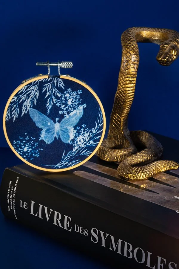 Une décoration comprenant un cadre brodé avec un motif de papillon bleu entouré de feuilles et fleurs, un serpent doré en sculpture, et un livre en français intitulé 'Le livre des symboles'.