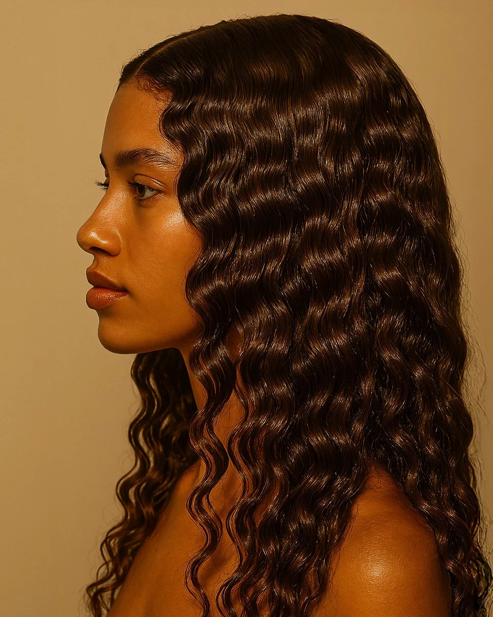 Profil d'une femme avec de longs cheveux bruns ondulés, regardant vers la gauche, fond uni beige.