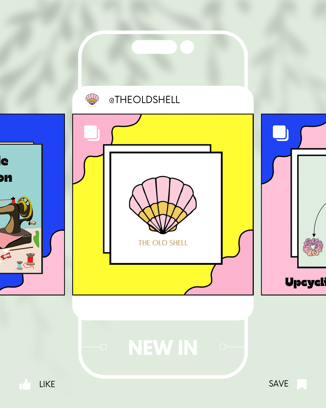 Une illustration représentant une carte avec une coquille Saint-Jacques et le texte "THE OLD SHELL" en dessous. La carte est affichée sur un fond coloré pastel avec d'autres cartes partiellement visibles de chaque côté.