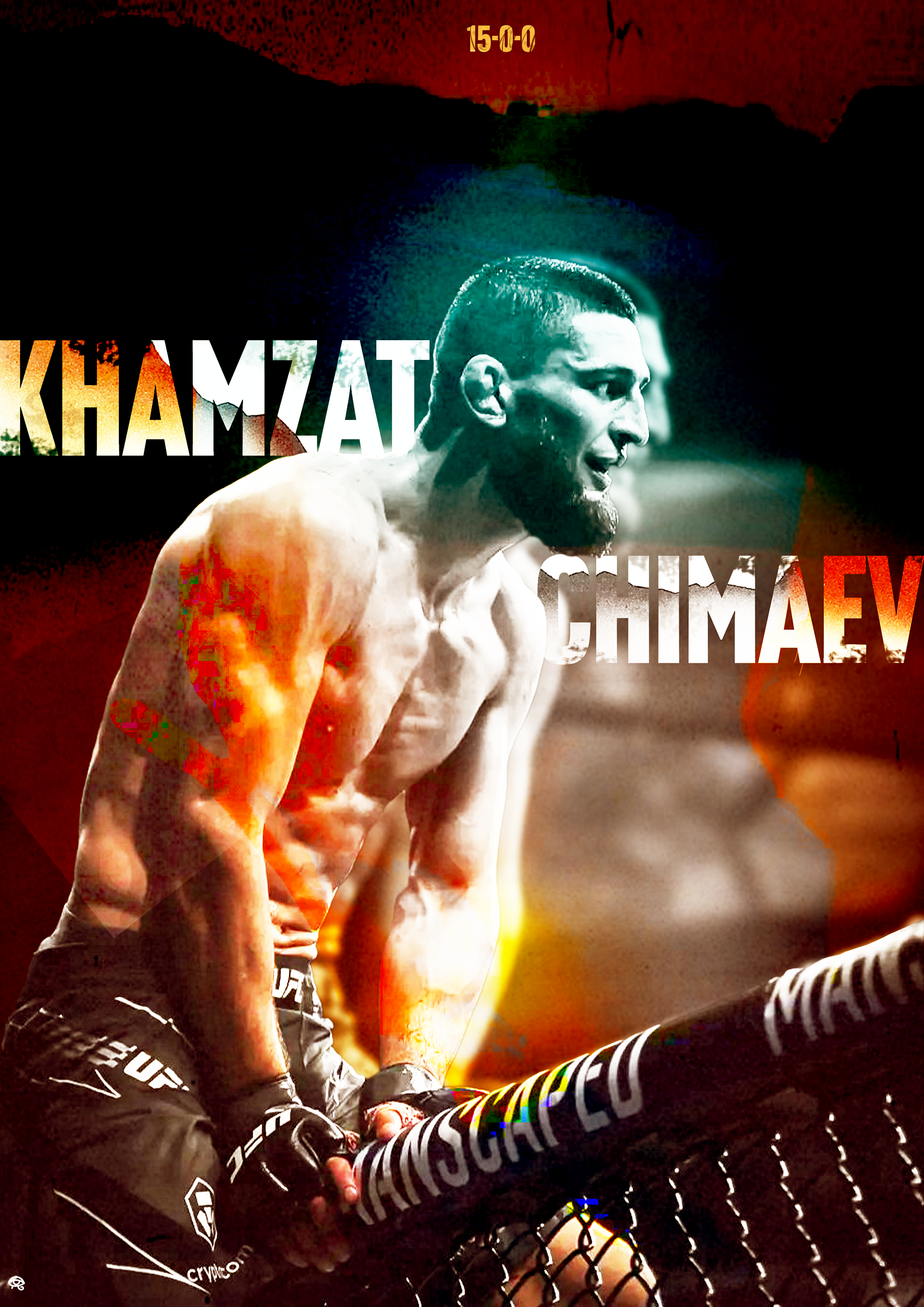 Un combattant de MMA, nu, avec les bras sur la cage de l'octogone, en position de repos, avec un fond coloré et les noms "Khamzat Chimaev" en gros texte.
