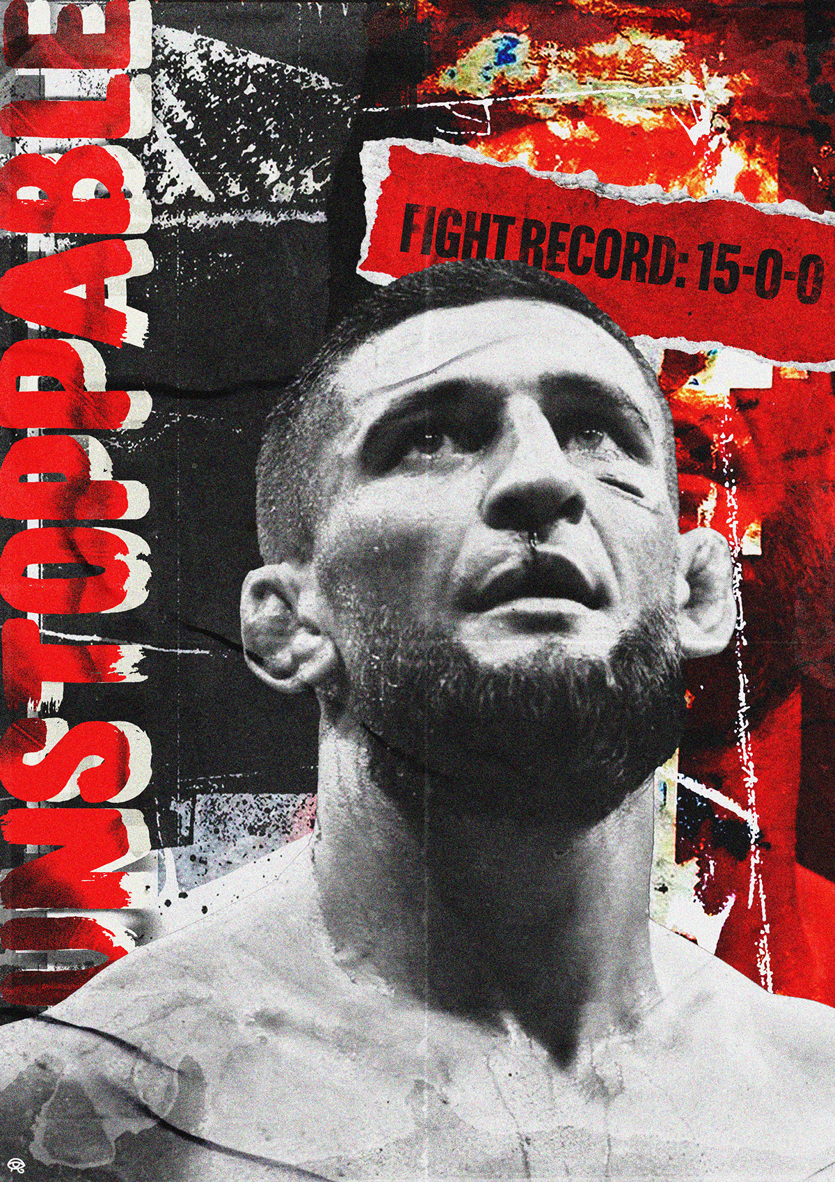 Un poster de style street art représentant un combattant avec une expression déterminée, avec des éléments en rouge, noir et blanc, indiquant un record de combat de 15-0-0.