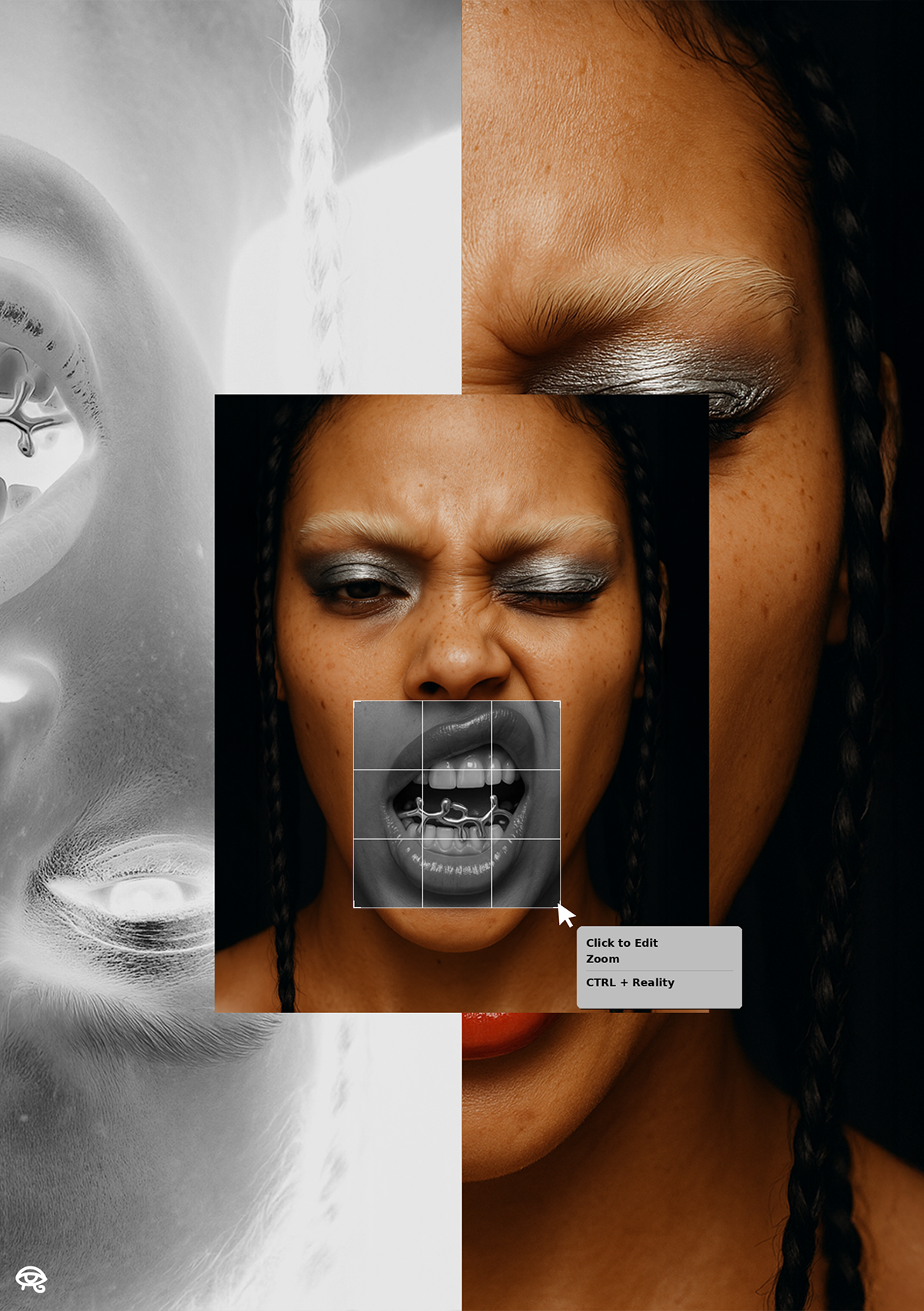 Un collage artistique représentant un visage féminin avec un mélange de photographie en couleur et en noir et blanc, montrant une expression intense avec un œil fermé et la bouche ouverte, révélant des dents ornées de bijoux. La moitié gauche est en 