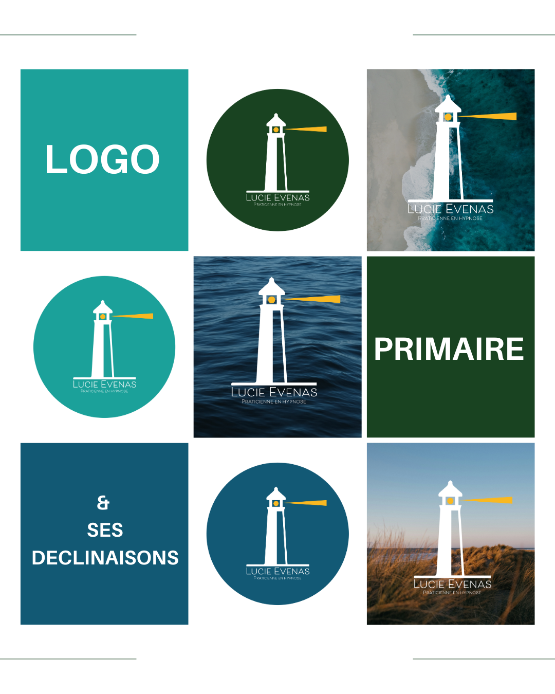 Collage de logos et d'images de phare avec texte 'LOGO', 'PRIMAIRE', '& SES DECLINASONS', toutes associées à 'LUCIE EVENAS PRATICIENNE EN HYPNOSE' sur fond marin et naturel.