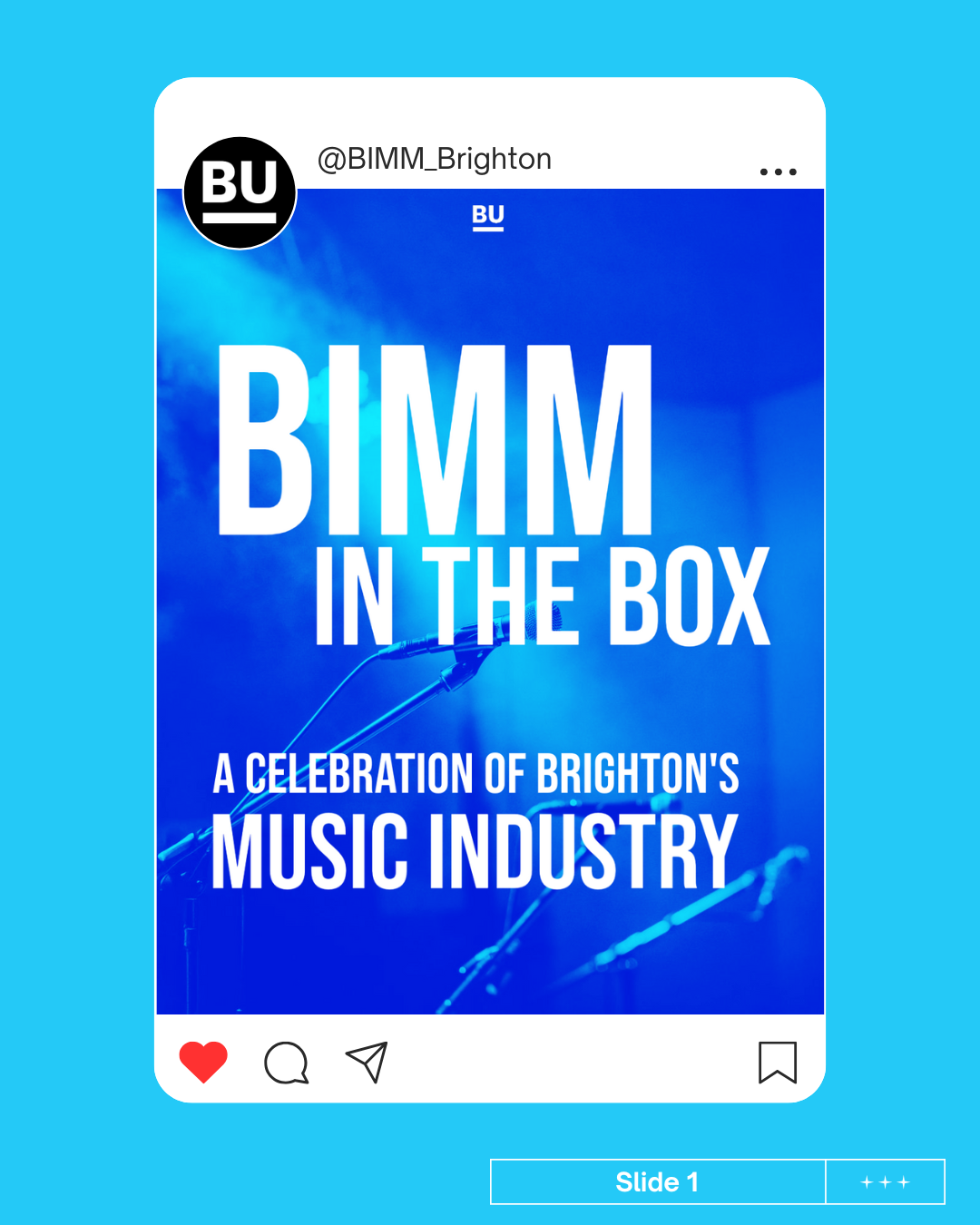 Post Instagram annonçant une célébration de l'industrie musicale de Brighton avec un fond bleu, le texte en blanc "BIMM in the Box" et "A celebration of Brighton's Music Industry".