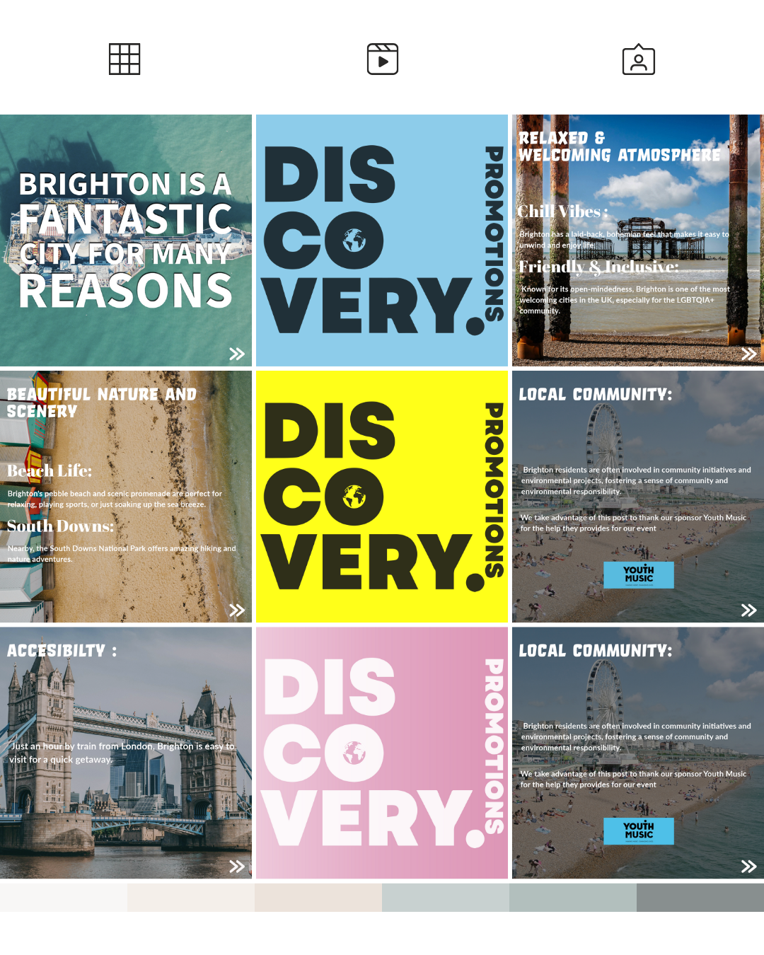 Collage de six images promotionnelles sur Brighton, avec des textes en anglais sur la ville, la nature, la communauté locale, et la sensibilisation à l'accessibilité.