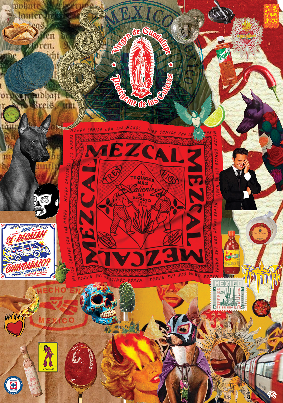 Un collage vibrant représentant la culture mexicaine, avec des éléments comme une carte du Mexique, une fleur de bougainvillier, un chien portant un masque, un squelette coloré, une tequila, un taco, un cactée, un train, une femme avec un masque de l