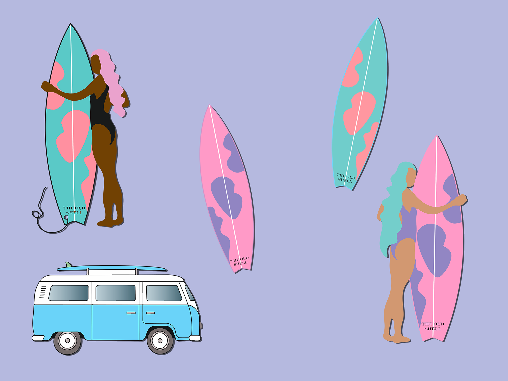 Deux femmes en maillot de bain surfant avec des planches de surf colorées, une voiture de type van à proximité, dans un décor de plage avec un fond violet pastel.