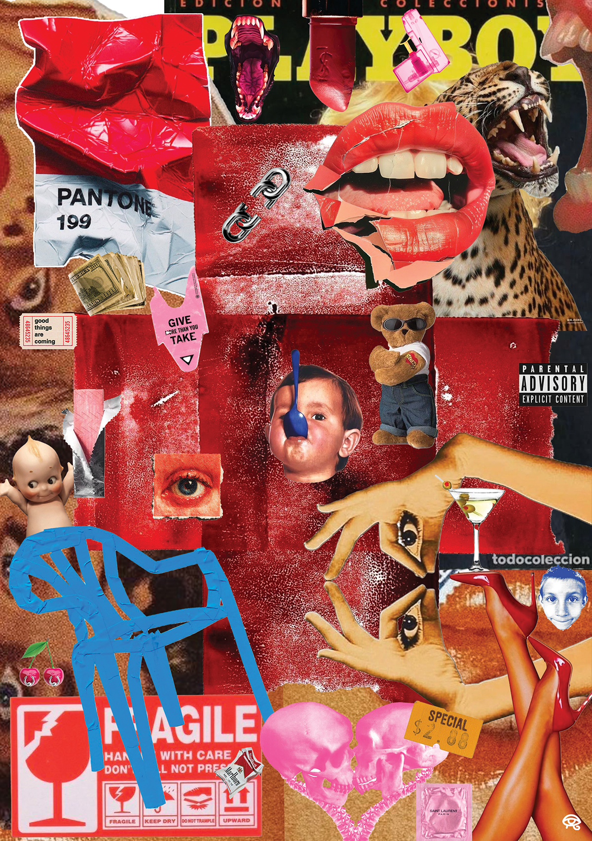 Collage numérique avec divers éléments tels que une bouche ouverte avec dentiers, une panthère, une poupée, une main tenant un martini, un vrai visage de bébé, un ours en peluche portant des lunettes de soleil, du papier déchiré, une image d'œil, une