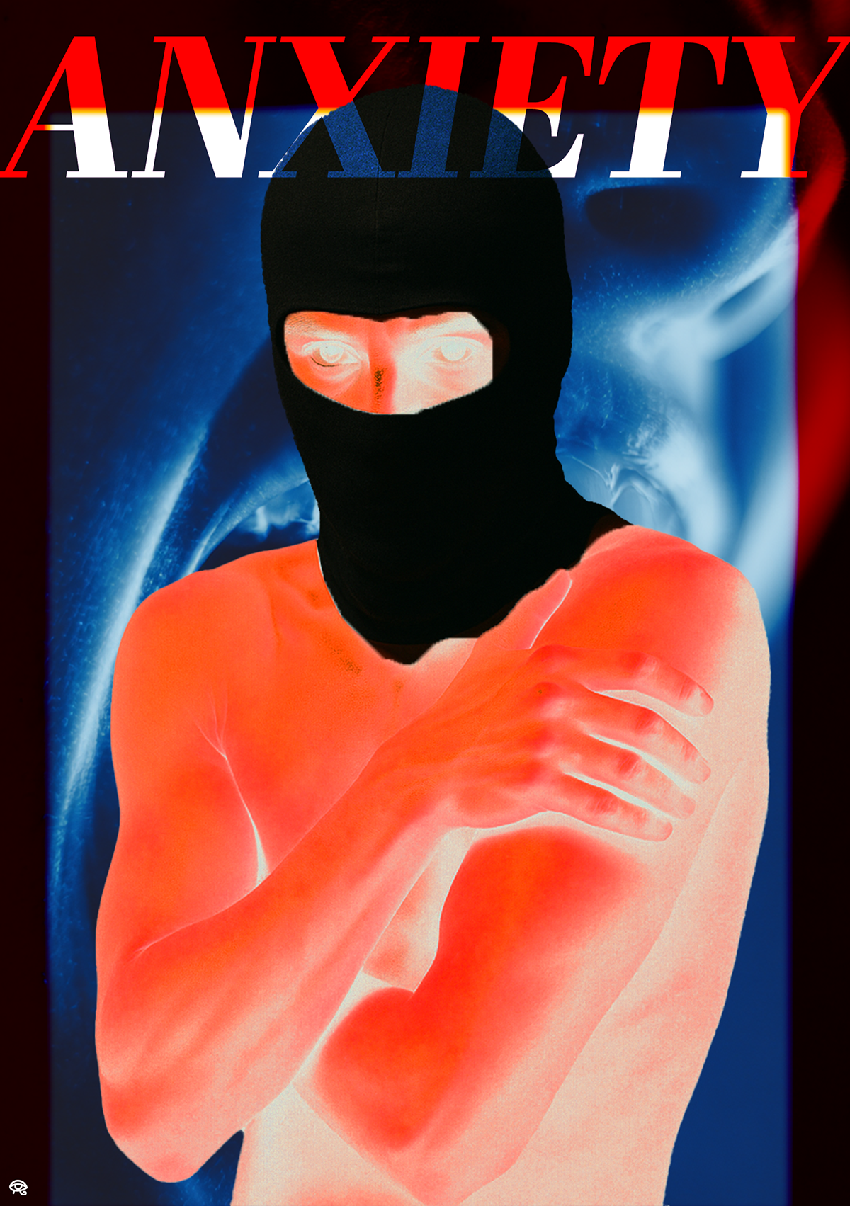 Couverture de magazine avec la personne portant un masque noir, l'air menaçant, sur fond étoilé bleu, et le mot "ANXIETY" en rouge et blanc en haut.