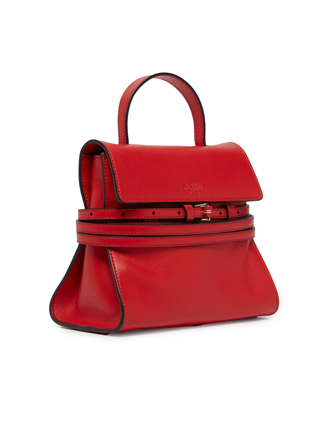 Sac à main rouge en cuir avec poignée, fermeture à boucle, et détails noirs.