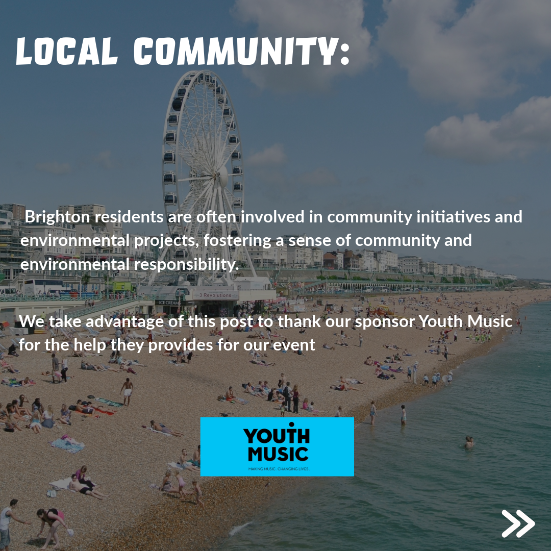 Une image de la promenade de Brighton avec la grande roue, des gens sur la plage, et un ciel partiellement nuageux, accompagnée d'un message sur l'engagement communautaire et environnemental.