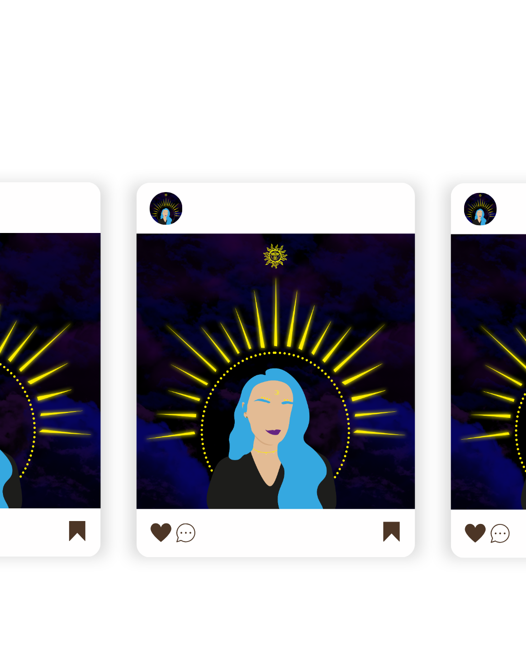 Illustration d'une femme avec des cheveux bleus, entourée d'un halo de rayons dorés, sur un fond sombre avec un petit soleil doré en haut.