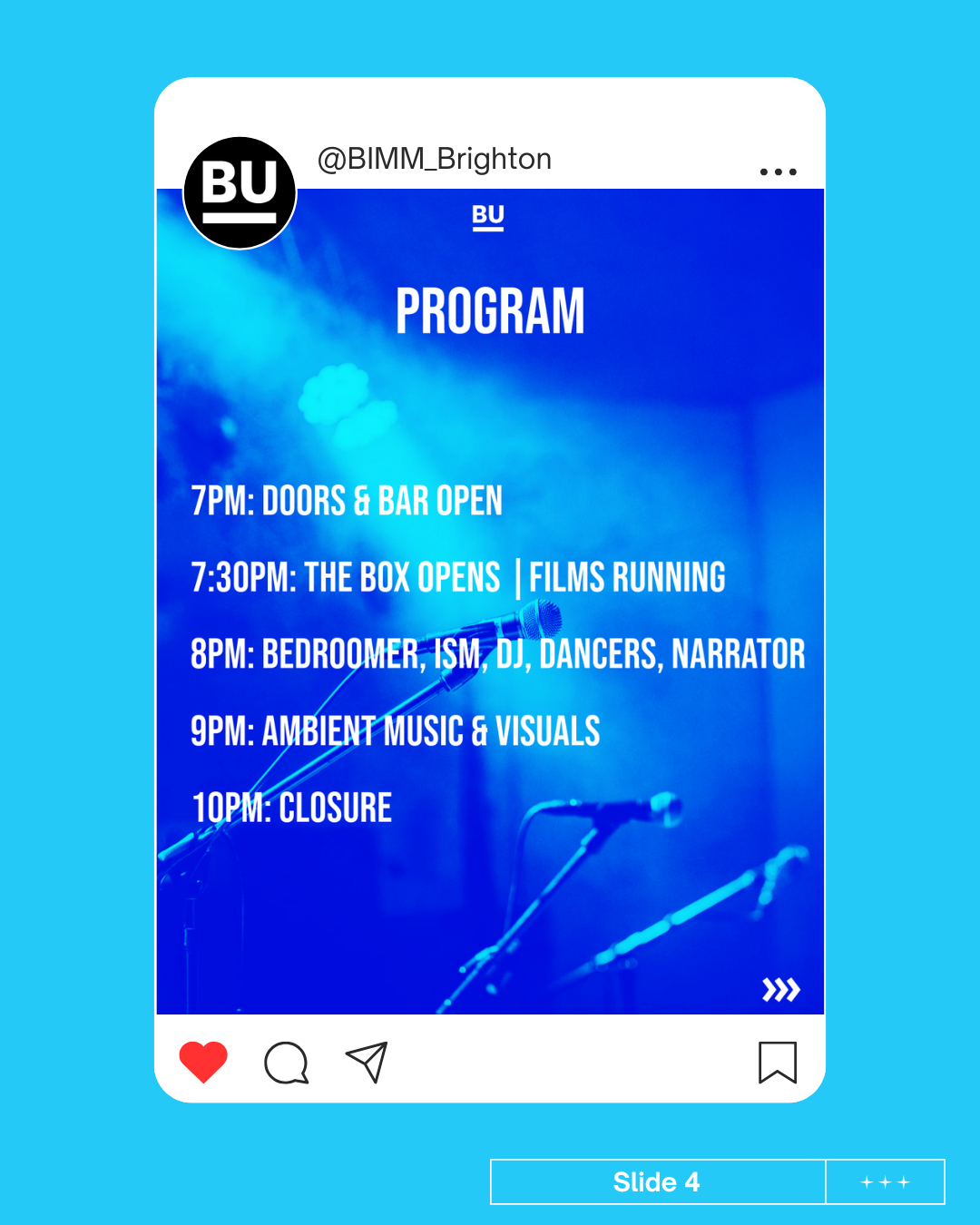 Programme d'un événement musical avec des horaires et des activités, comprenant ouverture des portes, projection de films, performances de danse et musique, clôture.