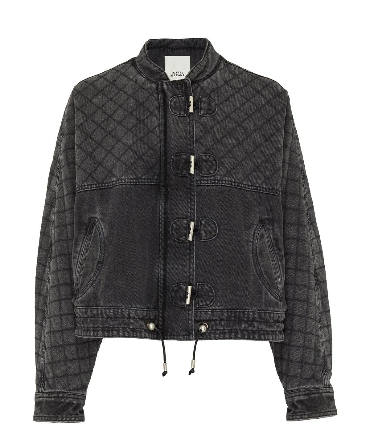 Veste en jean noire à motifs de couture, avec fermeture à boutons pression et cordon de serrage en bas.