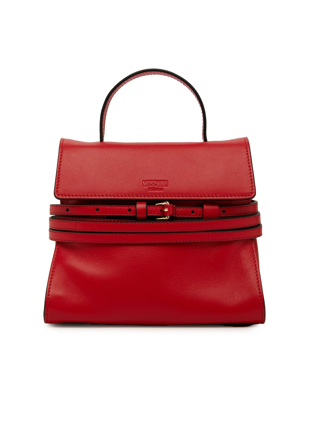 Sac à main rouge en cuir avec un manche supérieur, orné du logo Moschino.