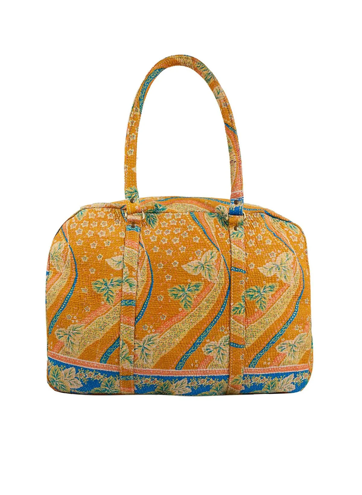 Sac de voyage orange avec motifs floraux et de palmiers.
