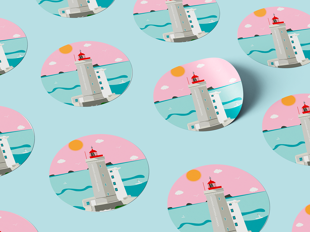 Motif répétée d'une illustration de phare en bord de mer, fond coloré en dégradé rose et bleu, avec soleil, nuages et oiseaux. Style plat et moderne.