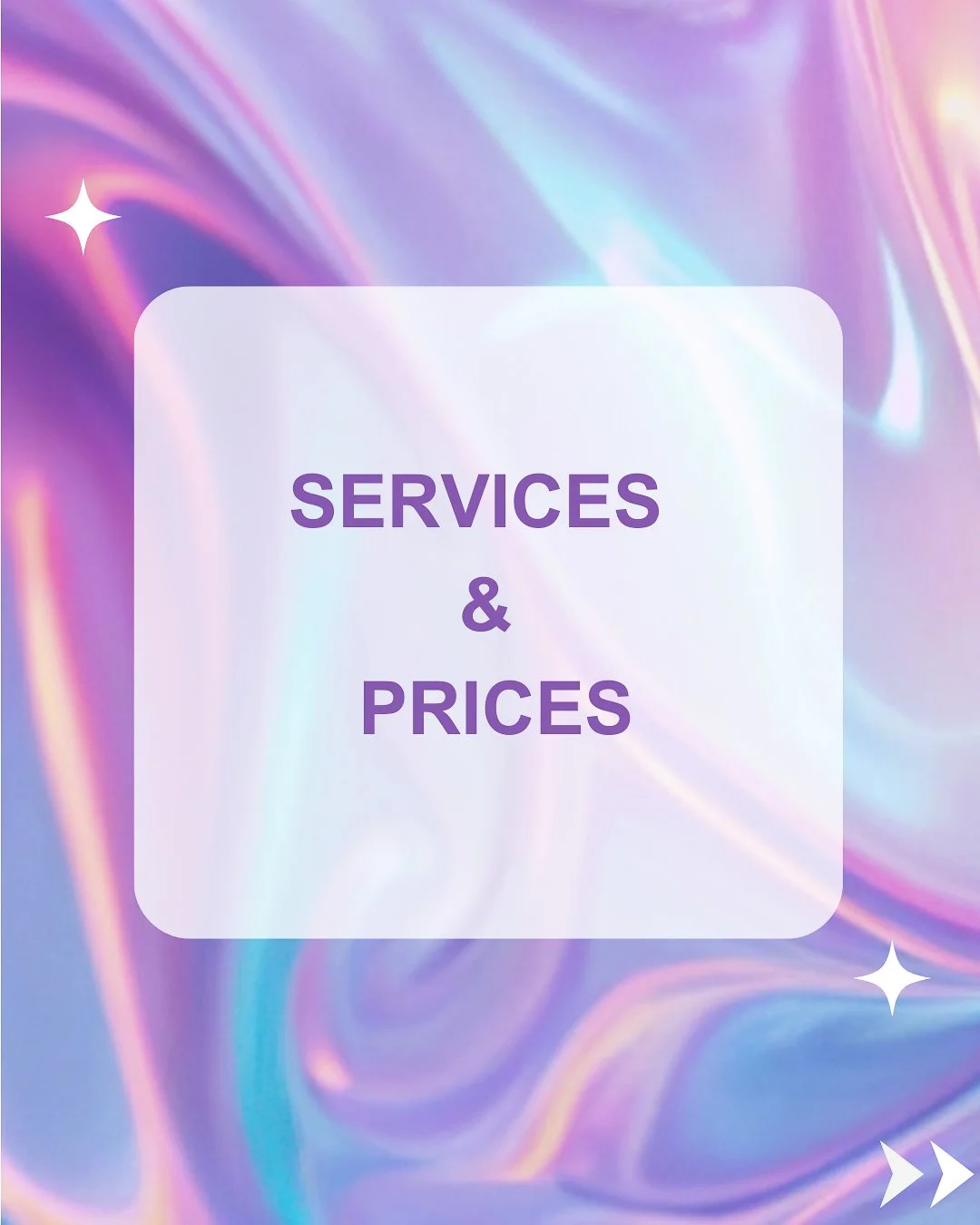 Page de présentation avec un fond iridescent violet et une case blanche contenant le texte 'SERVICES & PRICES' en violet.