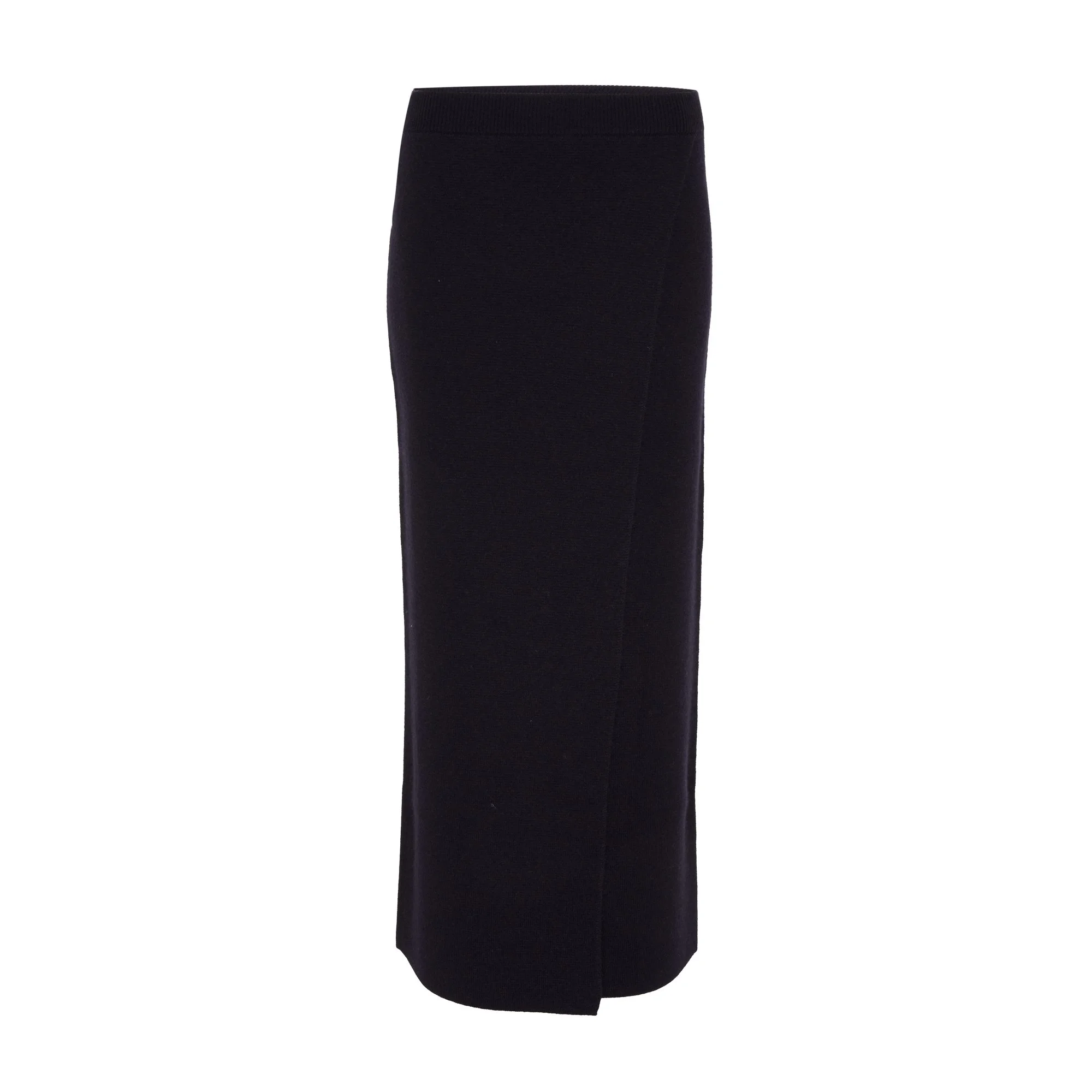 Jupe longue noire en tissu épais avec ourlet asymétrique.