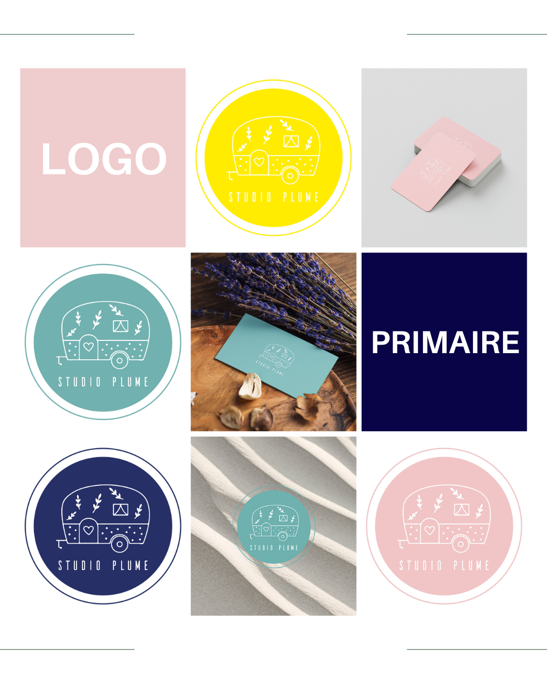 Collection de différentes versions d'un logo pour 'Studio Plume', représentant une caravane avec des détails floraux, en couleurs pastel, bleu, violet, jaune, et rose, avec des éléments de papeterie et de lavande en décor.