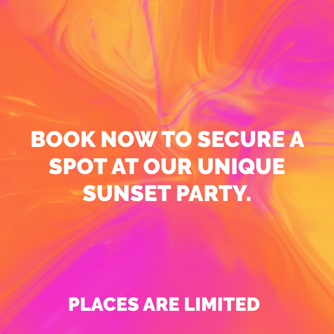 Un fond aux couleurs vives orange, rose et violet avec un message blanc invitant à réserver pour une fête au coucher du soleil, indiquant que les places sont limitées.