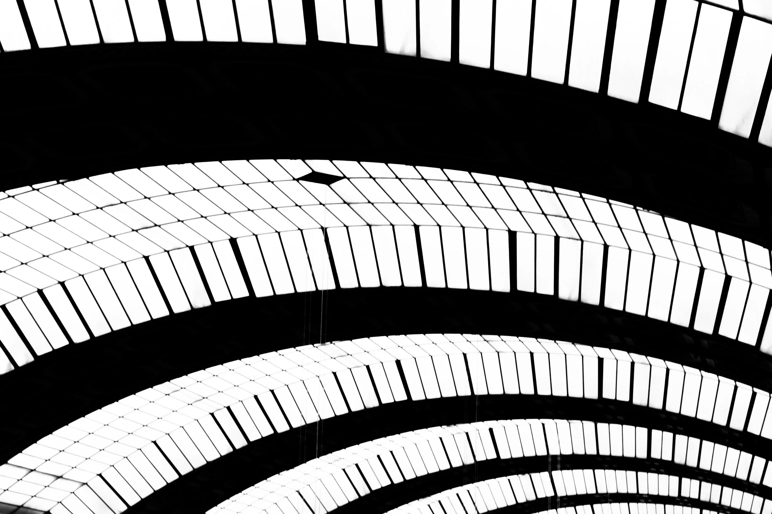 Cloches ou arcs en verre d'un bâtiment architectural avec structure en acier, en noir et blanc.