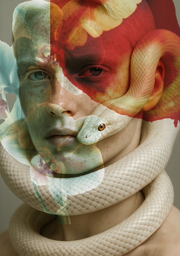 Un portrait double exposure combinant un visage humain et un serpent, avec des éléments de fleurs et d'ambiances mystérieuses.