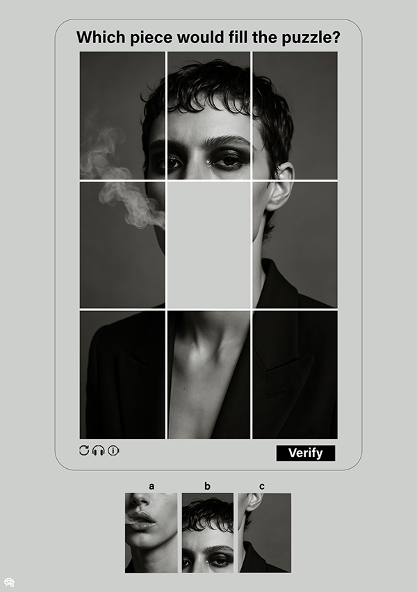 Puzzle en ligne avec une photo noir et blanc d'une personne portant un blazer noir, partiellement obscurcie par des pièces manquantes. La question en haut demande : «Quelle pièce remplirait le puzzle ?» avec trois options en bas montrant différentes 