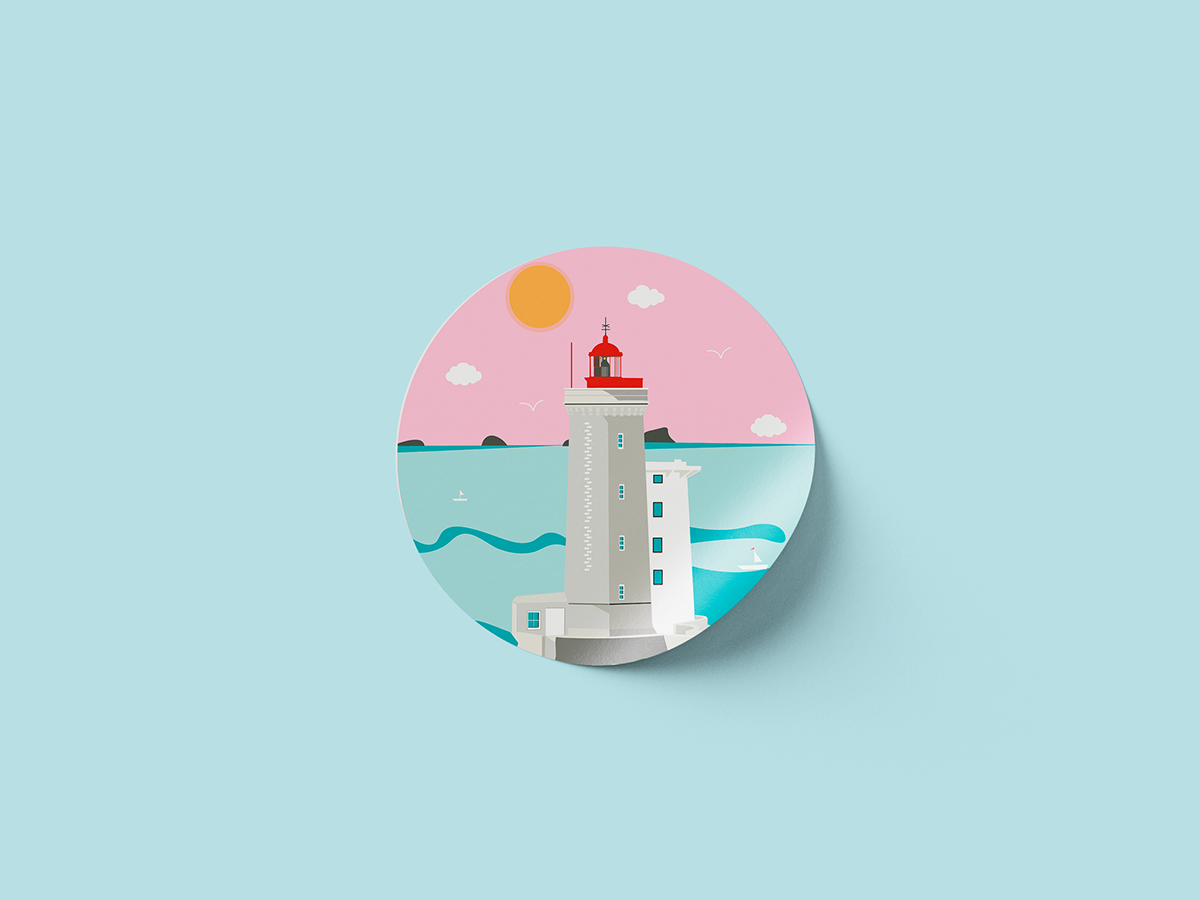 Illustration d'un phare blanc avec une zone bleue en arrière-plan, sous un ciel rose avec un soleil orange, petites nuages, sébile et oiseaux.