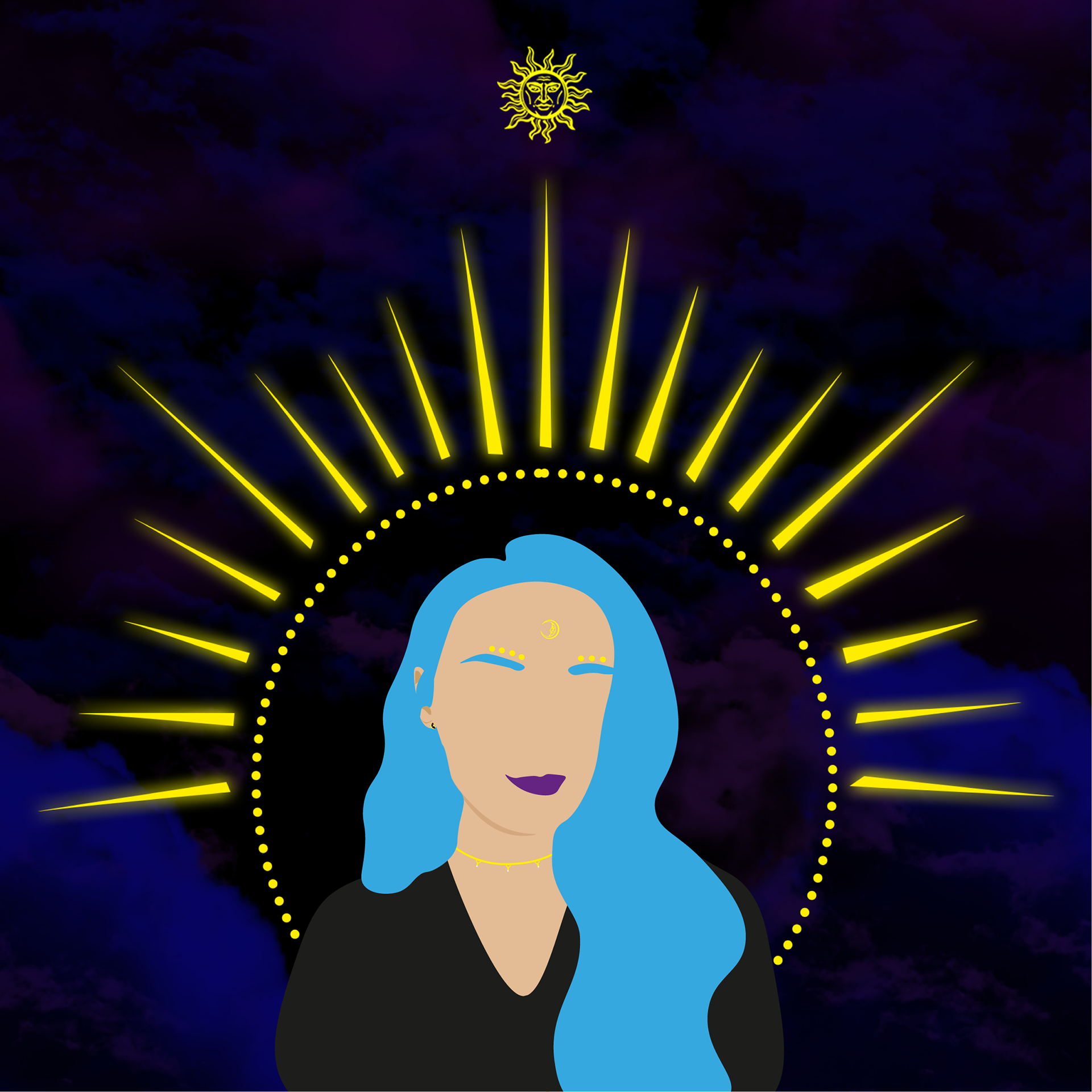 Portrait d'une femme avec des cheveux bleus, portant des bijoux dorés, entourée d'un halo de lumière jaune avec un fond sombre et nuageux.