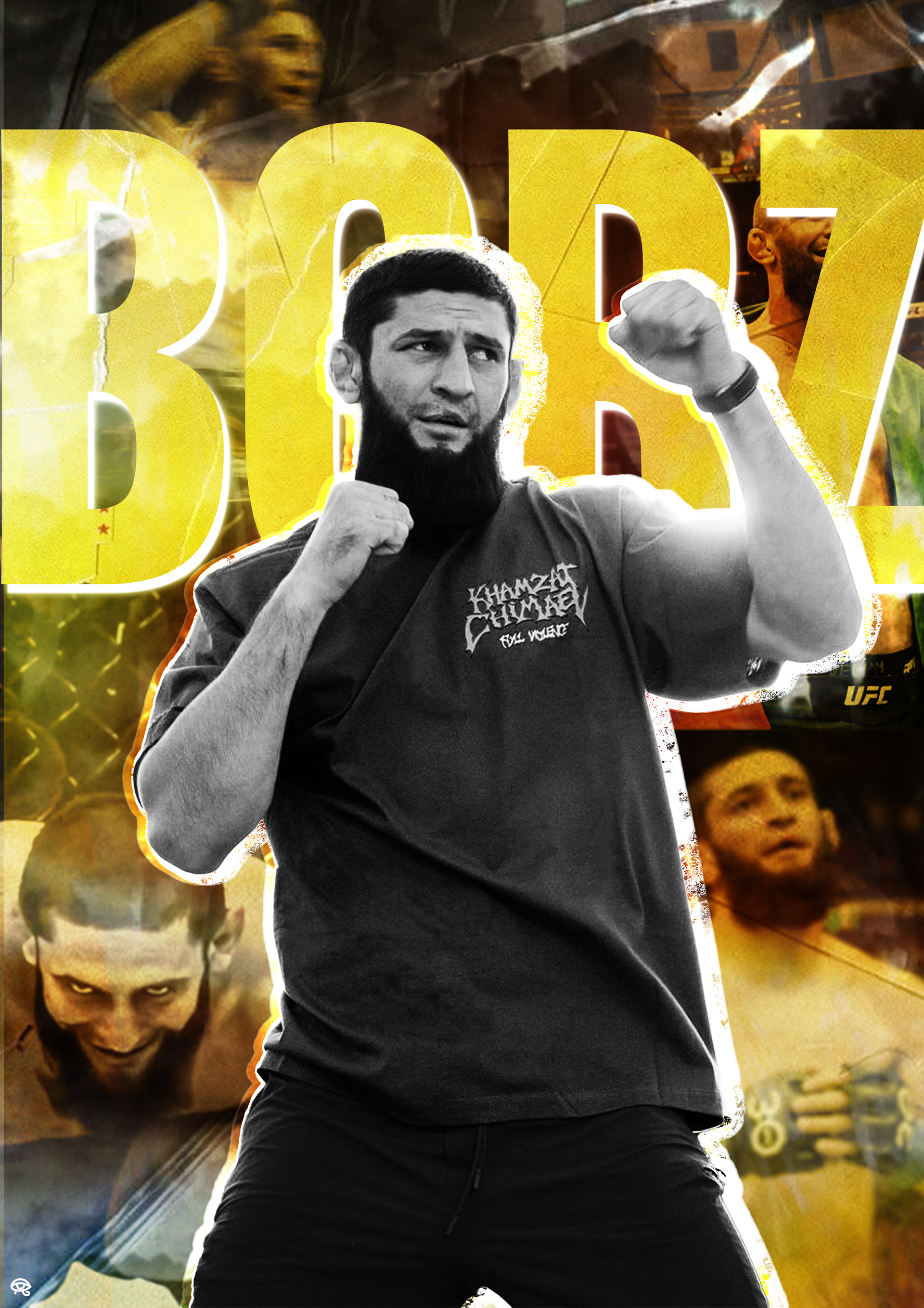 Un homme en position de combat ou de pose de boxe, avec un tatouage ou écriture sur son t-shirt, entouré de divers arrière-plans de personnes, certains en action ou en colère, avec des textes en arrière-plan.