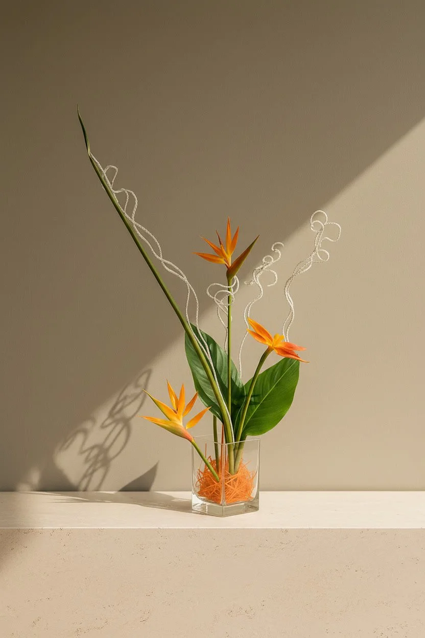 Orange tropical flowers with large green leaves in a clear glass vase, decorated with white curly accents, placed on a white surface against a two-tone, beige and off-white wall background.